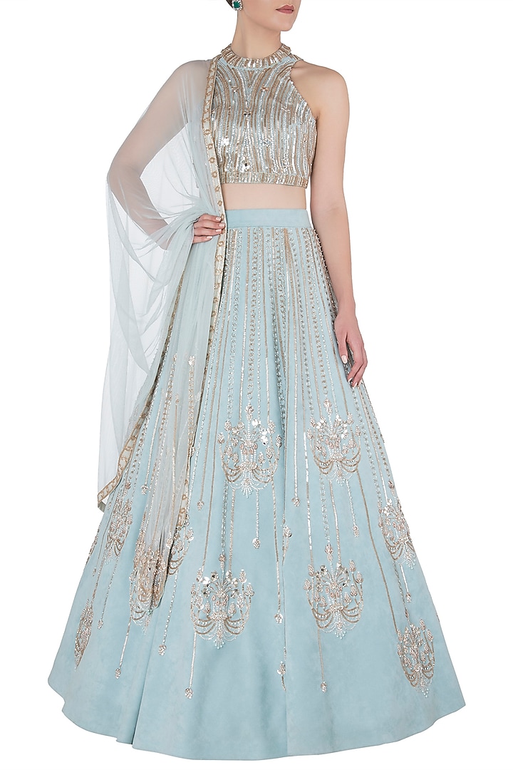 Blue embellished lehenga set available only at Pernia's Pop Up Shop.