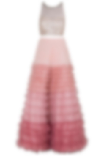 Pink Ombre Frill Skirt with Crop Top by Riddhi Majithia