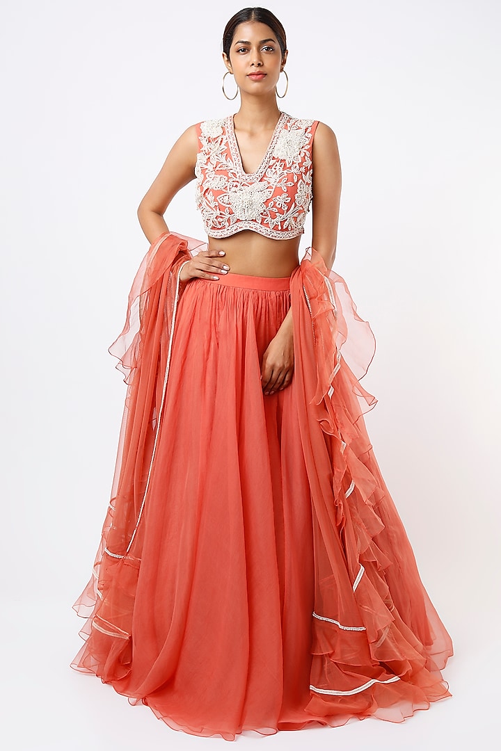 Pinkish Orange Chiffon Ruched Lehenga Set by Ridhi Mehra