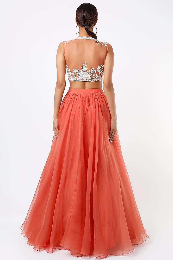 Pinkish Orange Chiffon Ruched Wedding Lehenga Set by Ridhi Mehra at Pernia's Pop Up Shop