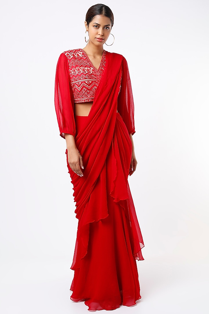 Hibiscus Red Chiffon Draped Saree Set by Ridhi Mehra