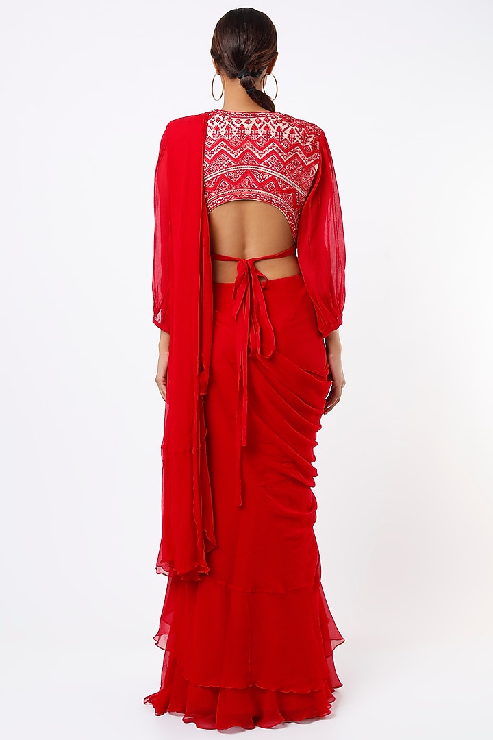 Hibiscus Red Chiffon Draped Reception Saree Set by Ridhi Mehra at Pernia's Pop Up Shop