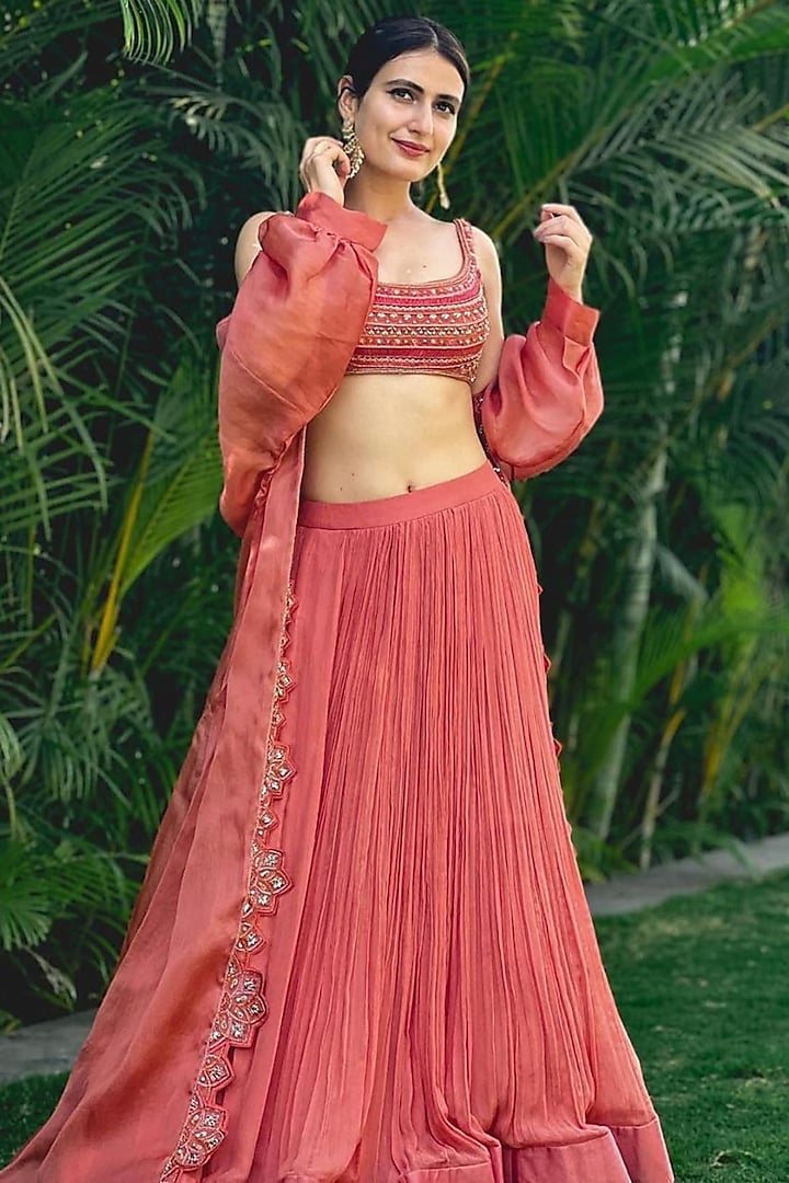 Tea Rose Chiffon Ruched Skirt Set by Ridhi Mehra