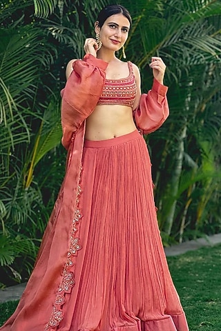 Tea Rose Chiffon Ruched Skirt Set by Ridhi Mehra