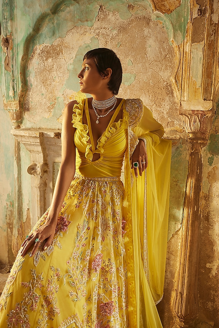 Yellow Net Embroidered Bridal Lehenga Set by Ridhi Mehra at Pernia's Pop Up Shop