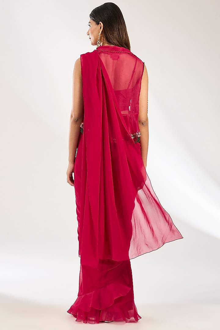 Red Georgette Floral Embroidered Ruffled Wedding Saree Set by Ridhi Mehra at Pernia's Pop Up Shop