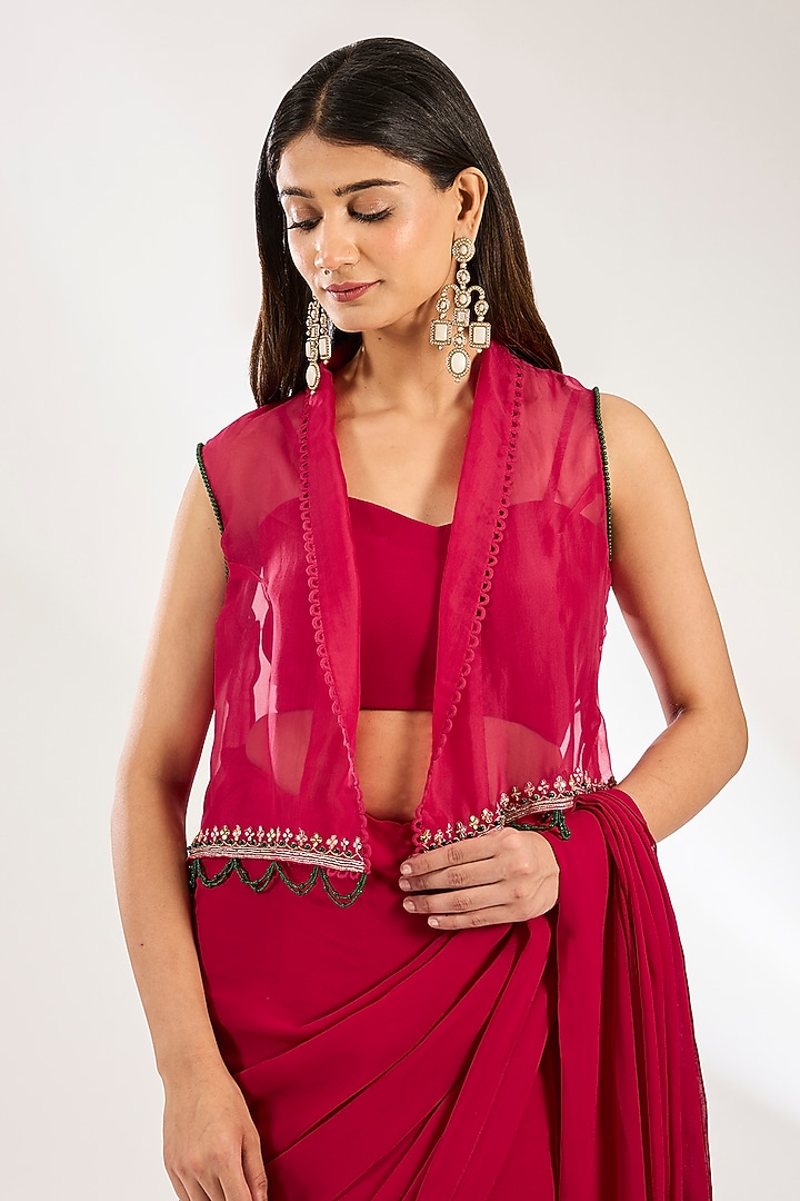 Red Georgette Floral Embroidered Ruffled Wedding Saree Set by Ridhi Mehra at Pernia's Pop Up Shop