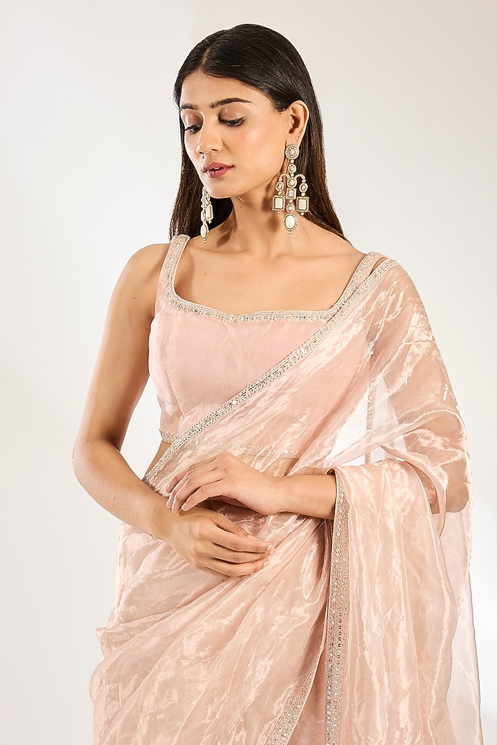 Rose Gold Tissue Embroidered Wedding Saree Set by Ridhi Mehra at Pernia's Pop Up Shop
