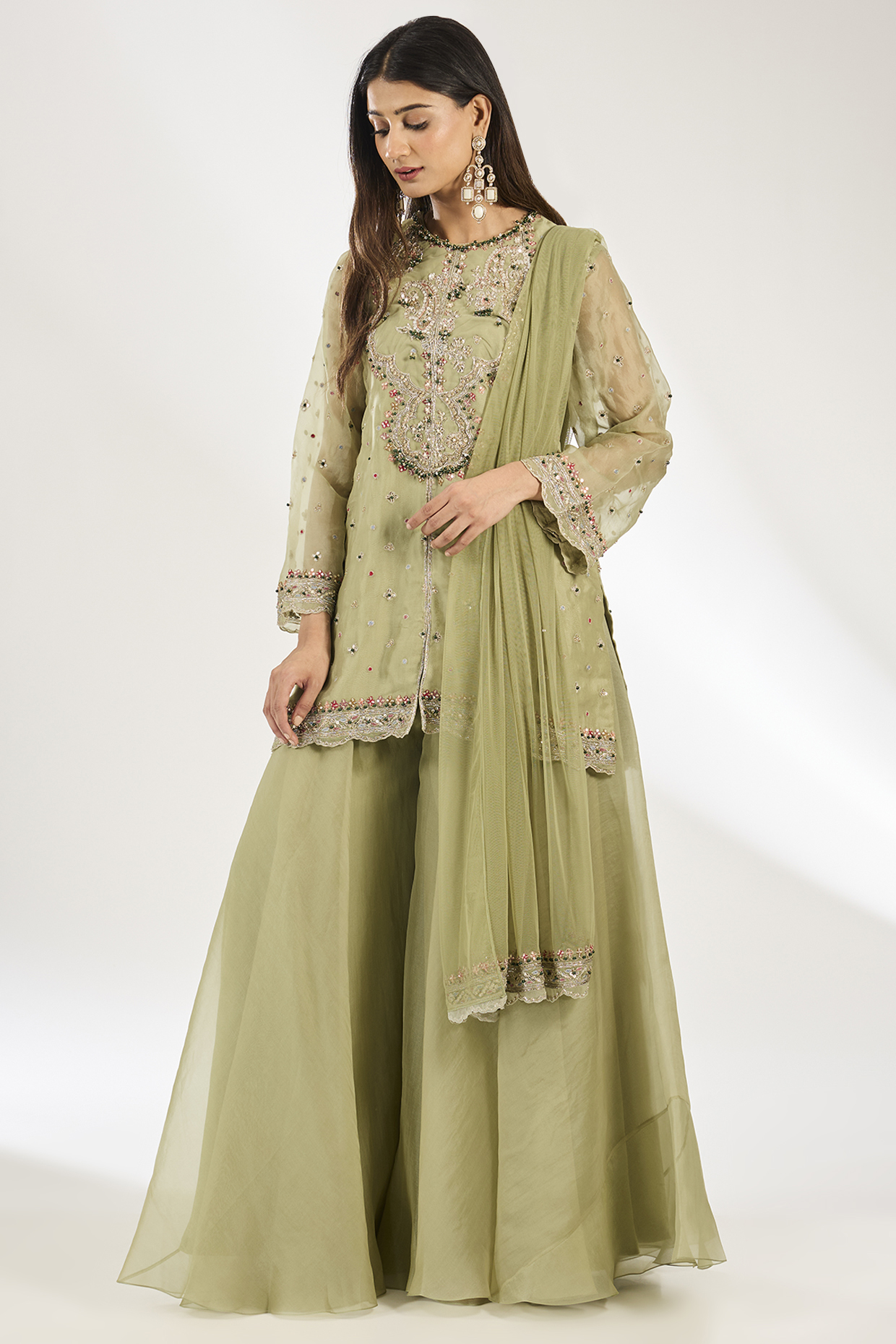Olive Green Organza Bridal Sharara Set by Ridhi Mehra at Pernia's Pop Up Shop