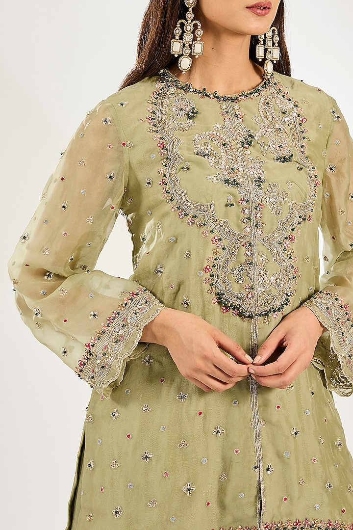 Olive Green Organza Bridal Sharara Set by Ridhi Mehra at Pernia's Pop Up Shop