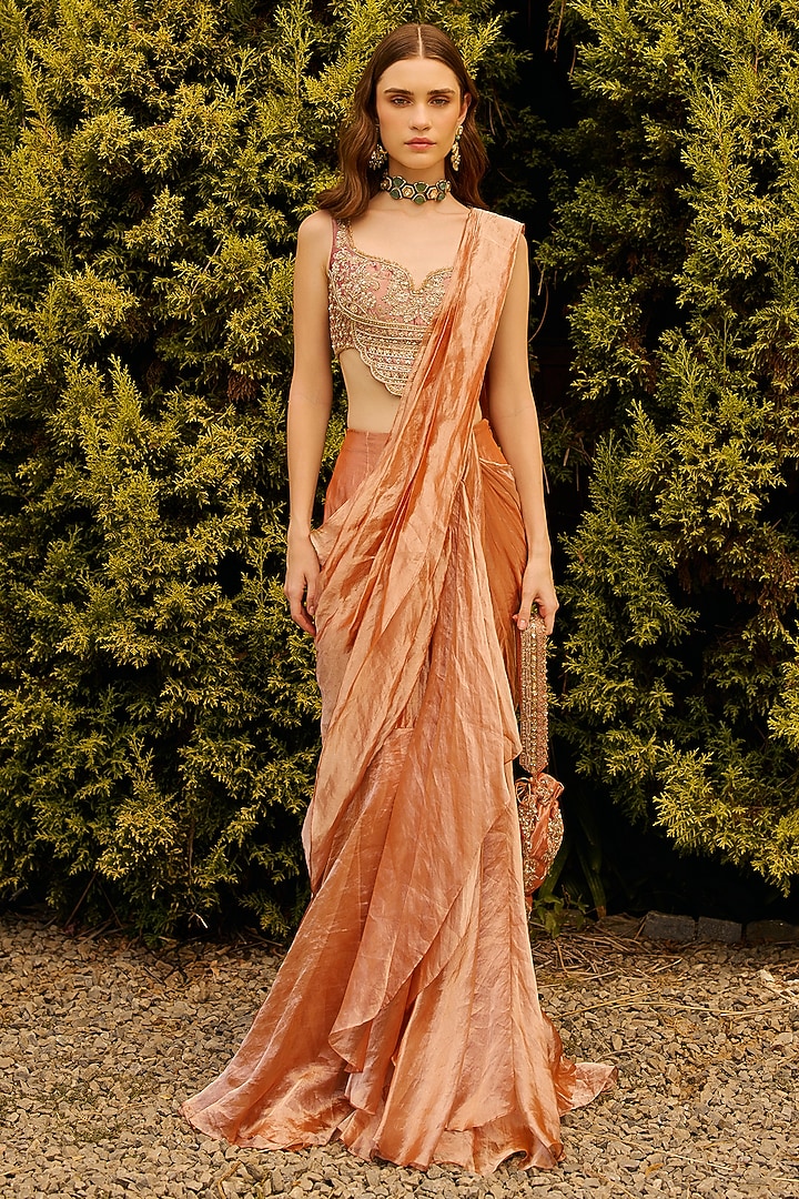 Fuchsia & Orange Tissue Draped Reception Saree Set by Ridhi Mehra at Pernia's Pop Up Shop