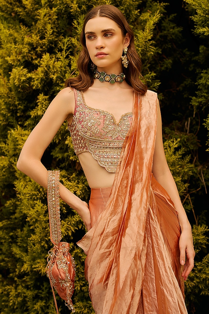 Fuchsia & Orange Tissue Draped Reception Saree Set by Ridhi Mehra at Pernia's Pop Up Shop