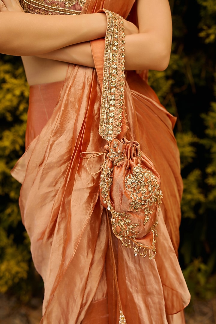 Fuchsia & Orange Tissue Draped Reception Saree Set by Ridhi Mehra at Pernia's Pop Up Shop