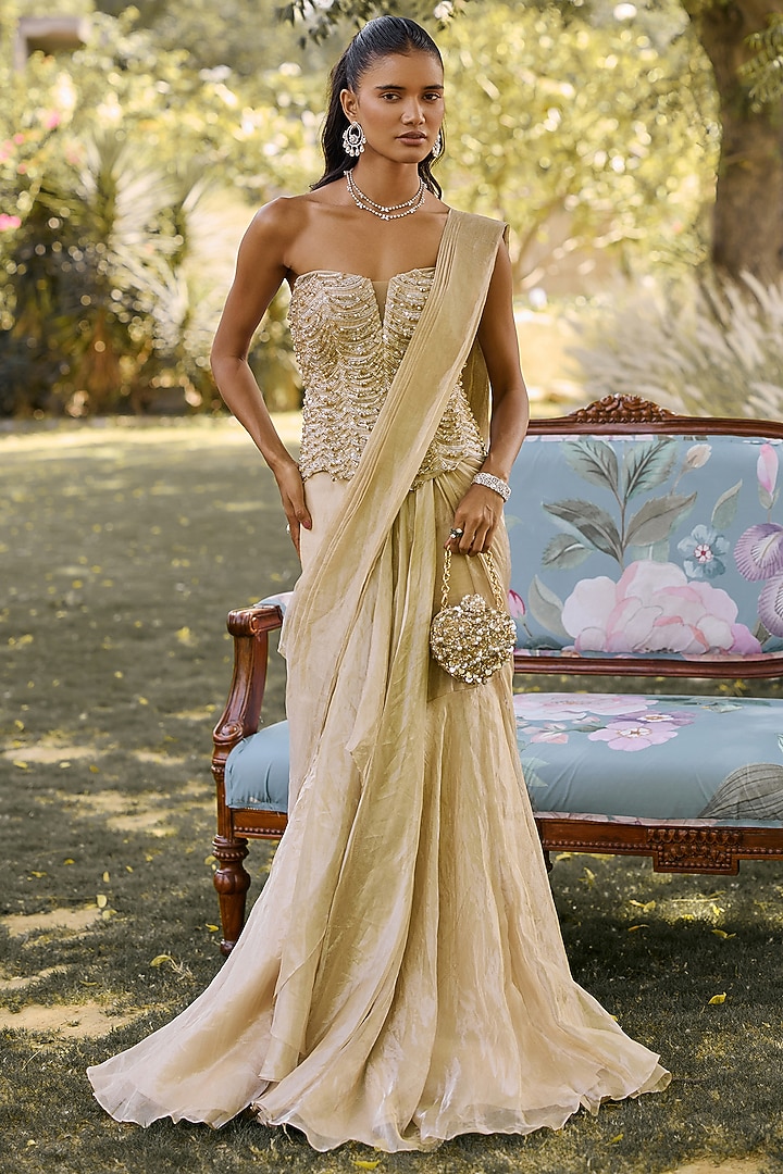 Gunmetal Tissue Draped Reception Saree Set by Ridhi Mehra at Pernia's Pop Up Shop
