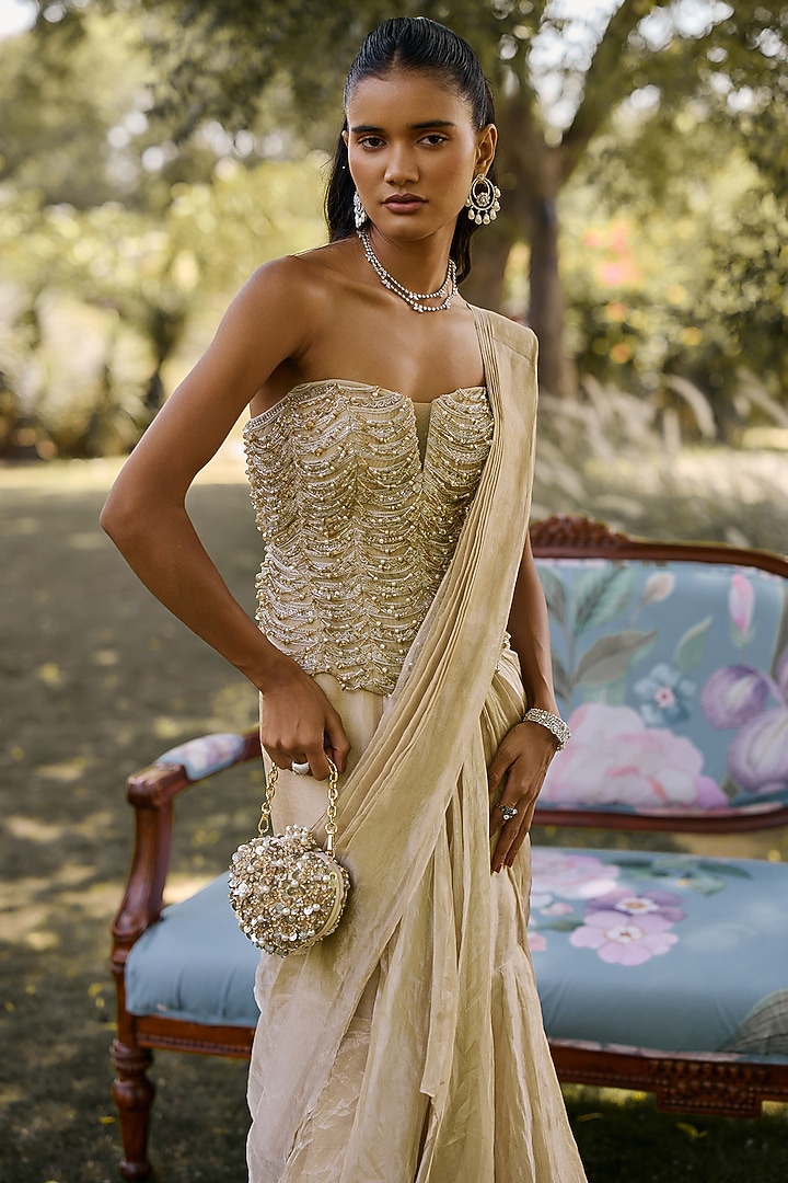 Gunmetal Tissue Draped Reception Saree Set by Ridhi Mehra at Pernia's Pop Up Shop