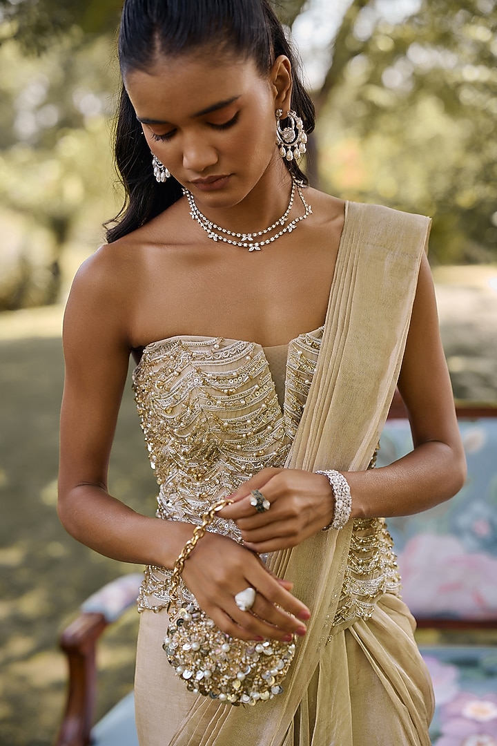 Gunmetal Tissue Draped Reception Saree Set by Ridhi Mehra at Pernia's Pop Up Shop