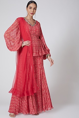 Coral Chiffon Printed Gharara Set by Ridhi Mehra