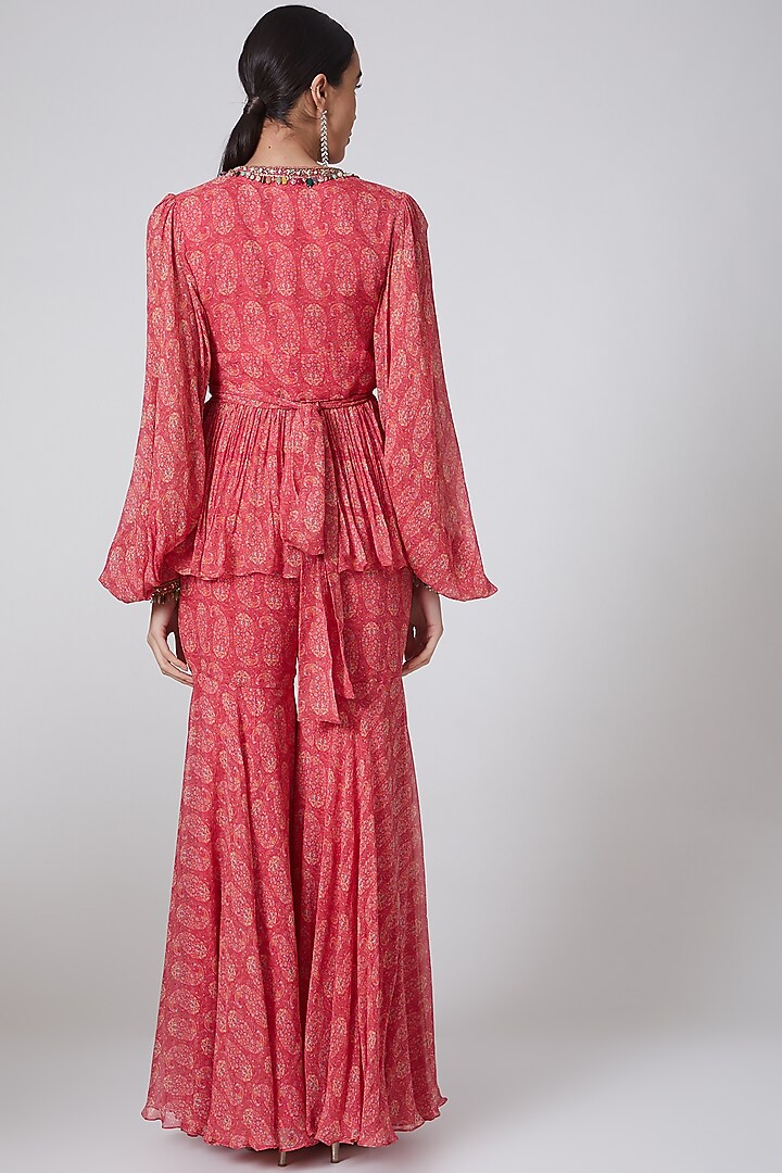 Coral Chiffon Printed Gharara Set by Ridhi Mehra at Pernia's Pop Up Shop
