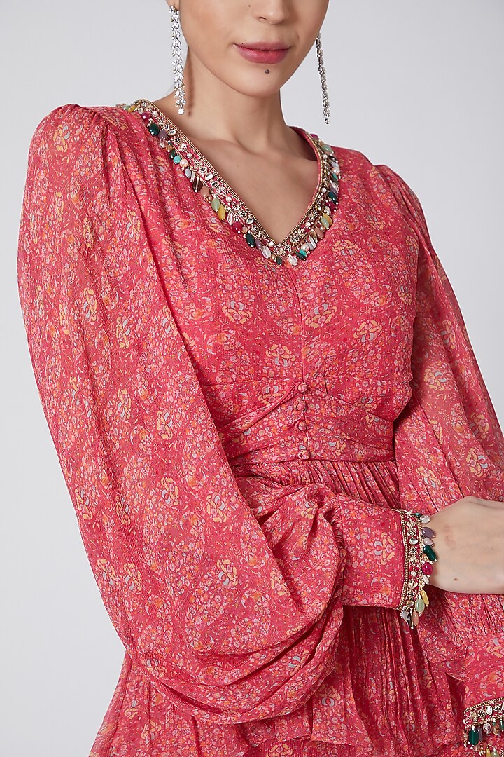Coral Chiffon Printed Gharara Set by Ridhi Mehra at Pernia's Pop Up Shop