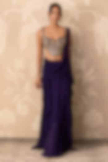 Purple Chiffon Draped Reception Saree Set by Ridhi Mehra at Pernia's Pop Up Shop