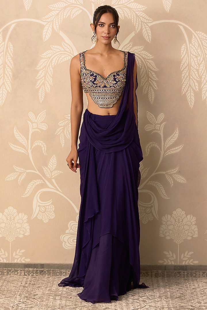 Purple Chiffon Draped Reception Saree Set by Ridhi Mehra at Pernia's Pop Up Shop