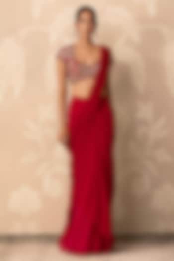 Red Organza & Chiffon Draped Reception Saree Set by Ridhi Mehra at Pernia's Pop Up Shop