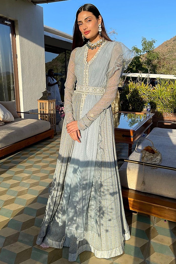 Powder Blue Embroidered & Printed Wedding Anarkali Set by Ridhi Mehra at Pernia's Pop Up Shop