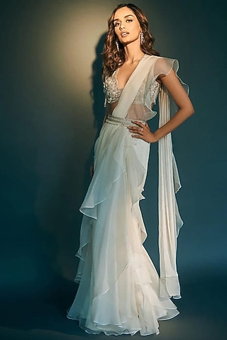 Dirty Ivory Chiffon Organza Net Embroidered Draped Saree Set by Ridhi Mehra