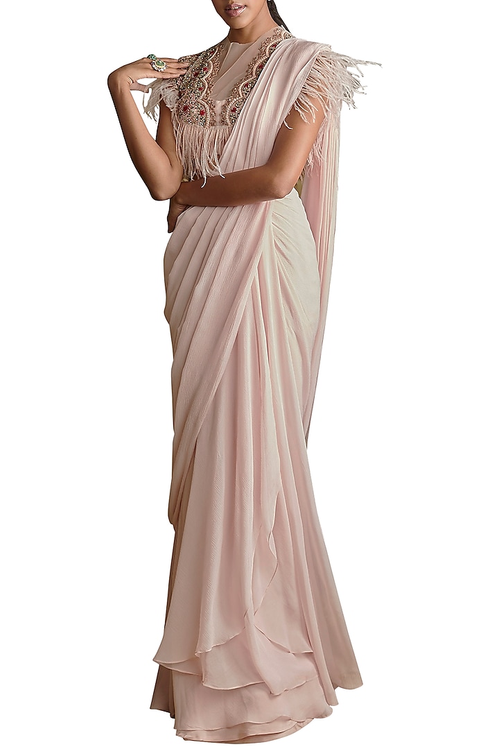 Pale Pink Hand Embroidered Pre-Stitched Saree Set by Ridhi Mehra