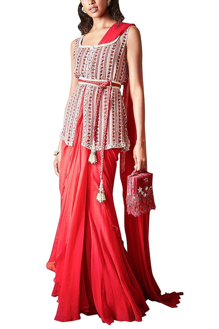 Scarlet Red Saree Set With Printed Jacket & Embellished Belt by Ridhi Mehra