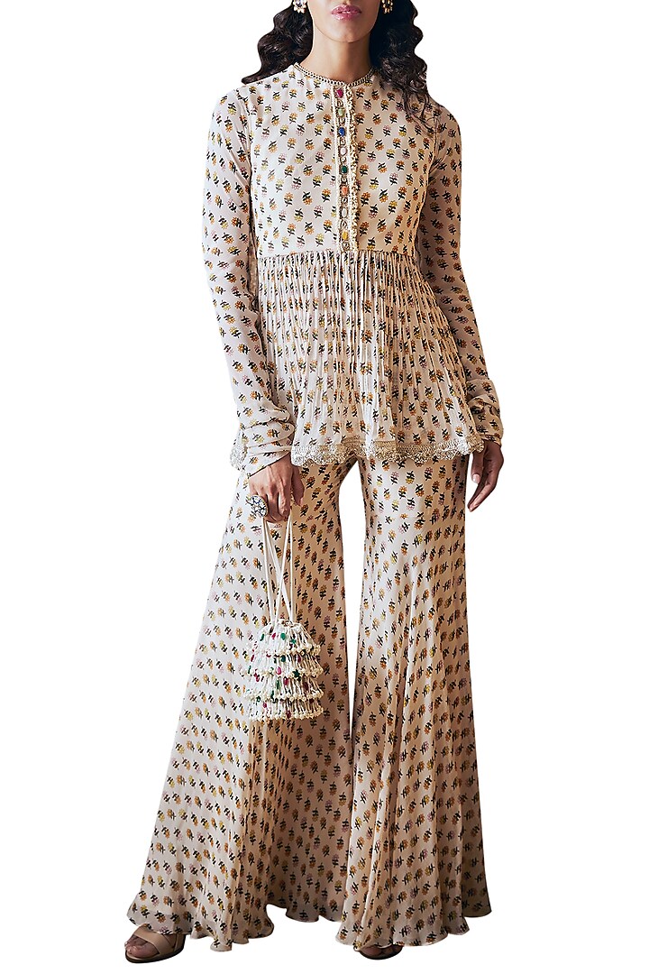 Ivory Printed Sharara Set With Attached Belt by Ridhi Mehra