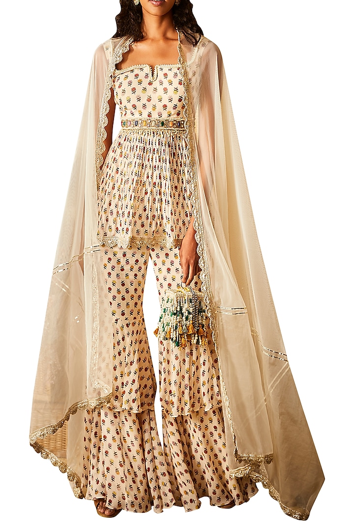 Ivory Buta Printed Sharara Set With Attached Belt by Ridhi Mehra