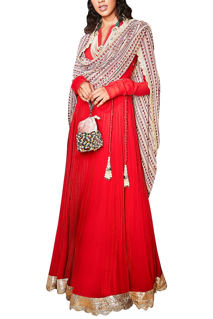 Crimson Red Anarkali Set With Belt by Ridhi Mehra