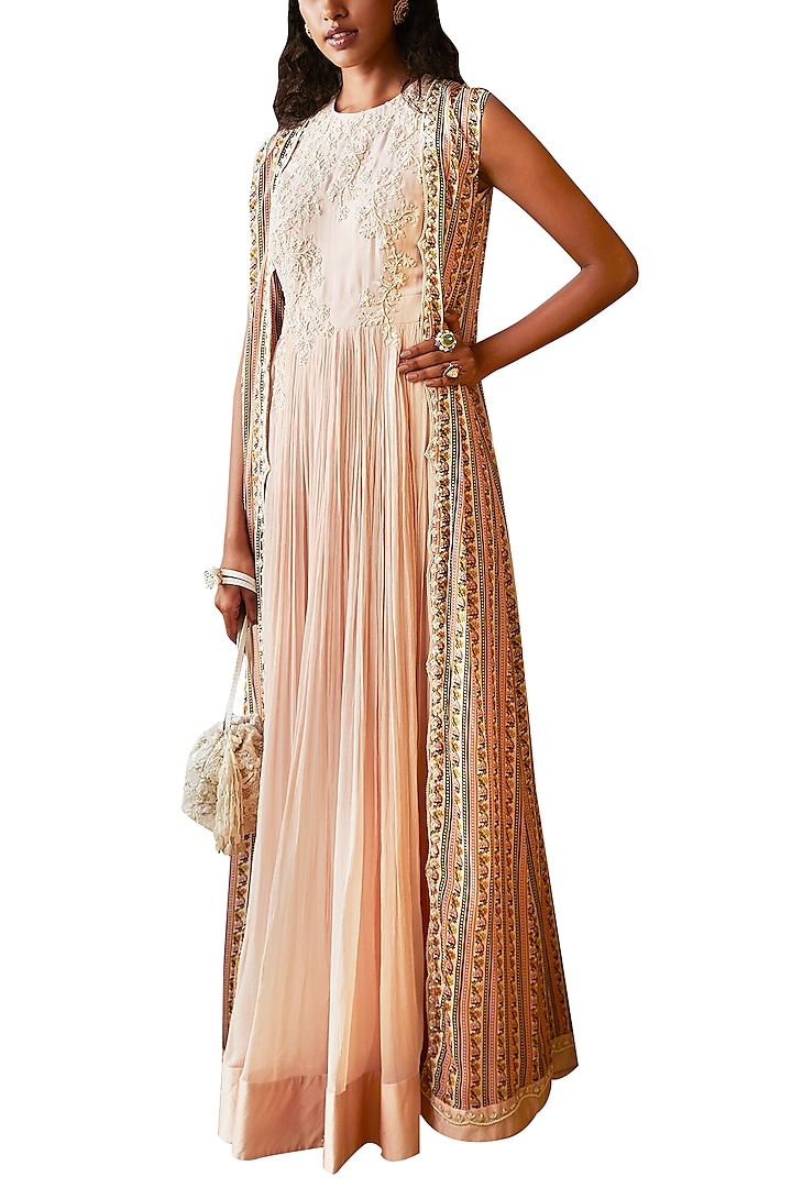 Peach Anarkali With Printed Embroidered Cape by Ridhi Mehra
