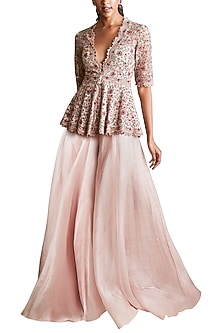 Pale Pink Embroidered Peplum Top With Sharara Pants  by Ridhi Mehra-POPULAR PRODUCTS AT STORE