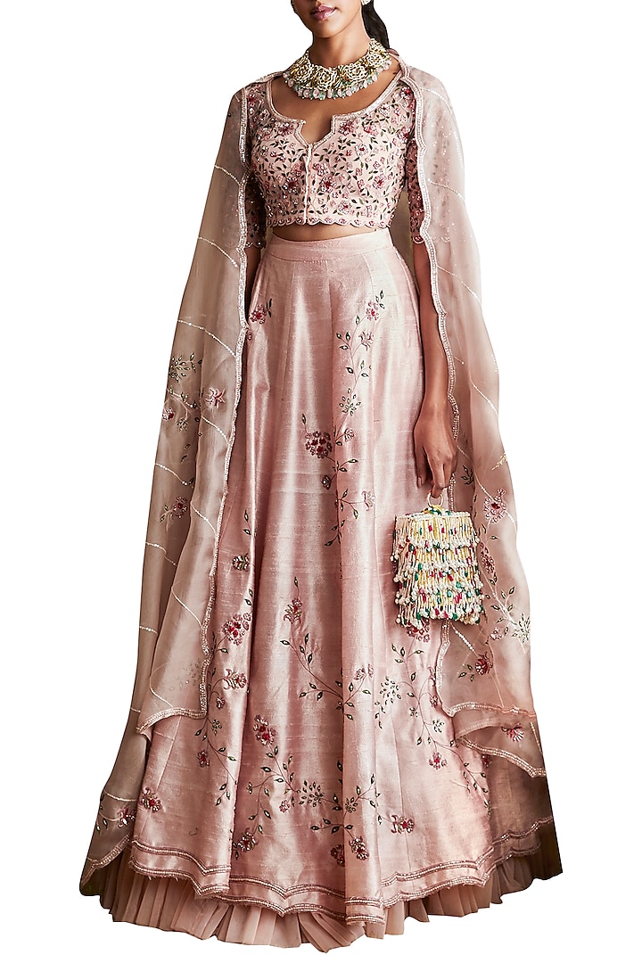 Pale Pink Embroidered Lehenga Set by Ridhi Mehra