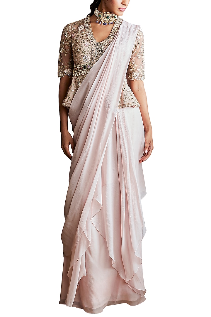 Pale Pink Embroidered Pre-Stitched Saree Set by Ridhi Mehra