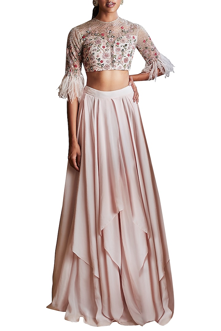 Pale Pink Draped Lehenga Skirt With Embroidered Blouse by Ridhi Mehra