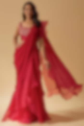Red Chiffon & Organza Draped Saree Set by Ridhi Mehra
