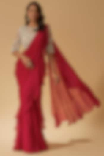 Red Chiffon Draped Saree Set by Ridhi Mehra