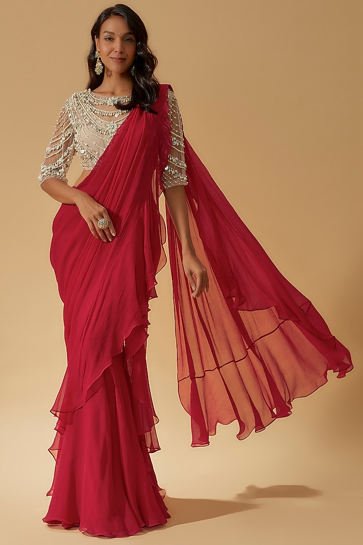 Red Chiffon Draped Saree Set by Ridhi Mehra