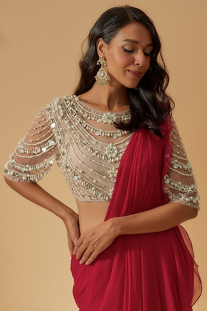 Red Chiffon Draped Reception Saree Set by Ridhi Mehra at Pernia's Pop Up Shop