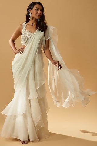 Ivory Kashida Draped saree