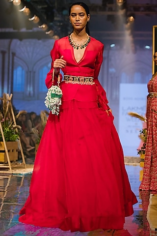Pink V-Neck Shirt With Lehenga Skirt by Ridhi Mehra