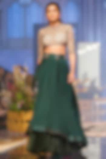Emerald Green Embroidered Blouse With Lehenga Skirt by Ridhi Mehra
