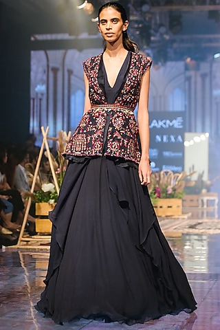 Navy Blue Layered Tunic With Jacket & Belt by Ridhi Mehra