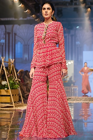 Deep Fuchsia Printed Peplum Top With Gharara by Ridhi Mehra