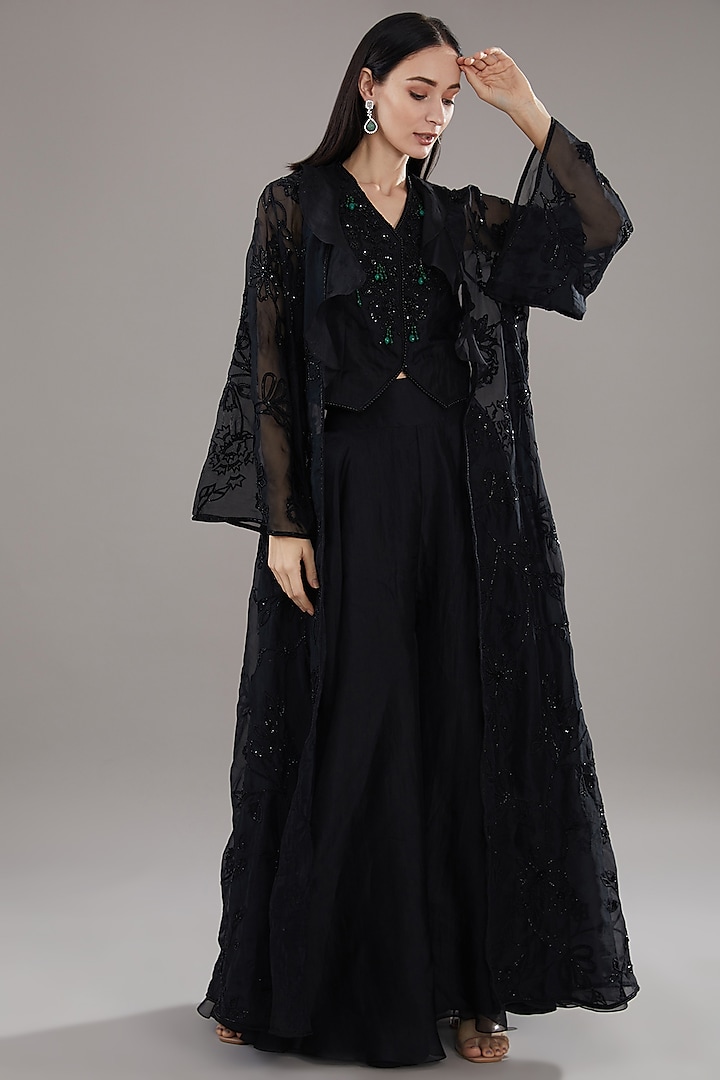 Black Organza Embroidered Jacket Set by Ridhi Mehra at Pernia's Pop Up Shop