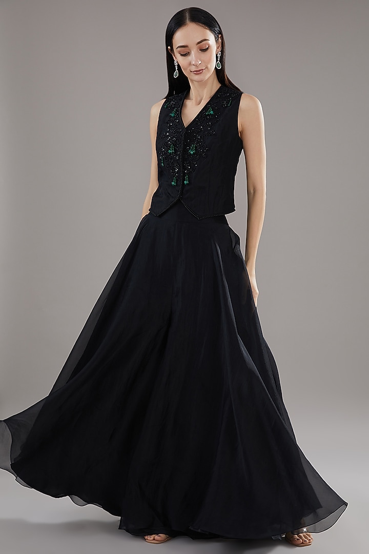 Black Organza Embroidered Jacket Set by Ridhi Mehra at Pernia's Pop Up Shop