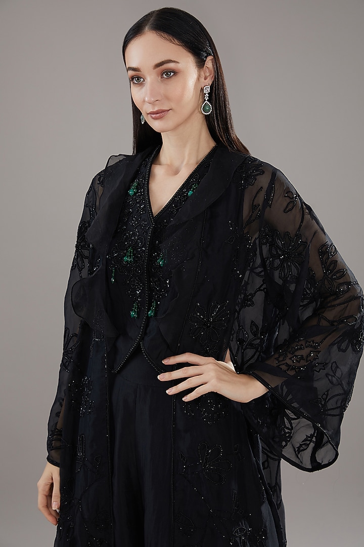Black Organza Embroidered Jacket Set by Ridhi Mehra at Pernia's Pop Up Shop